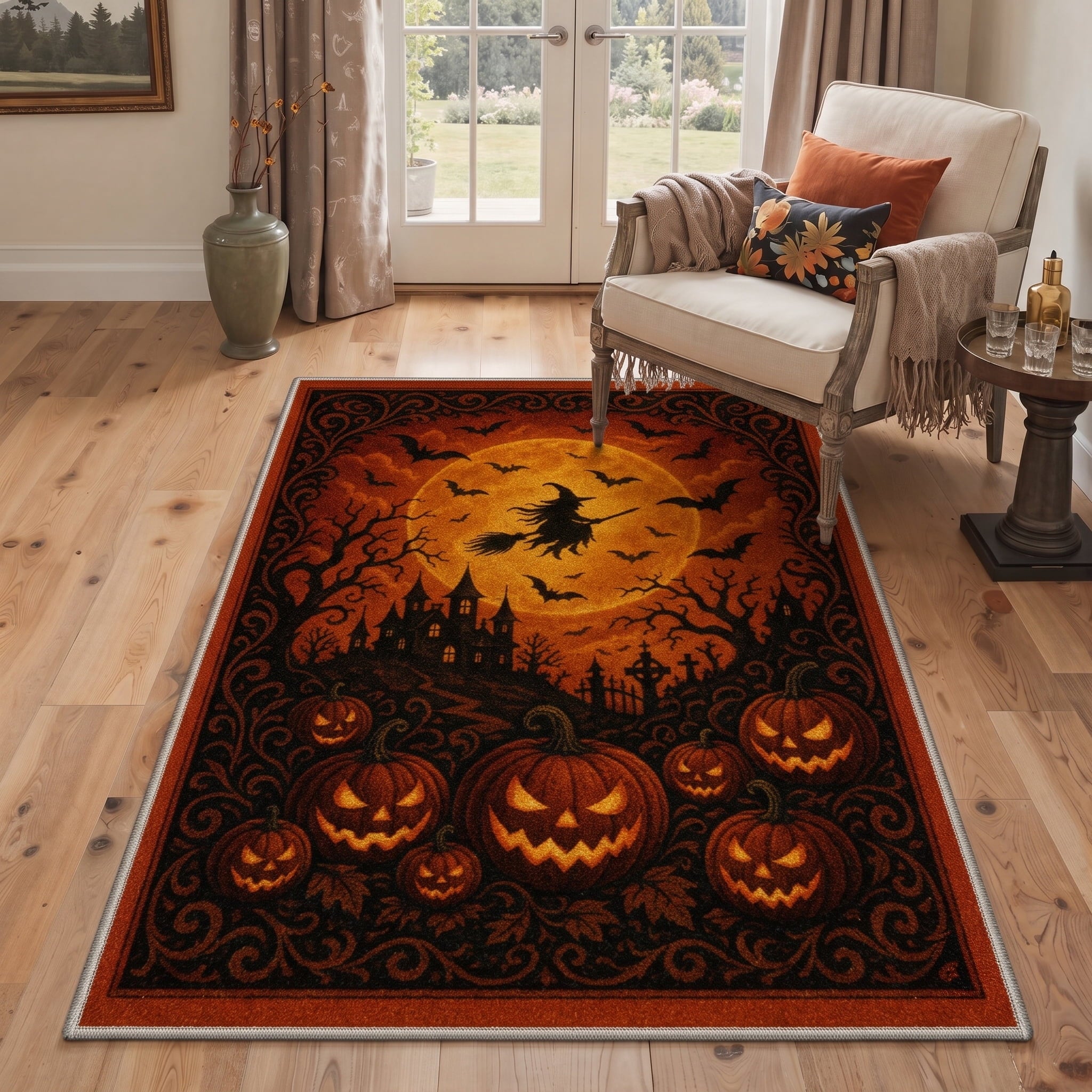 GENIMO 2'x7' Halloween Runner Rug, Washable Non Slip Soft Gothic Raven Indoor Outdoor Hallway Runner for Porch Patio Kitchen Entryway, Rust Orange