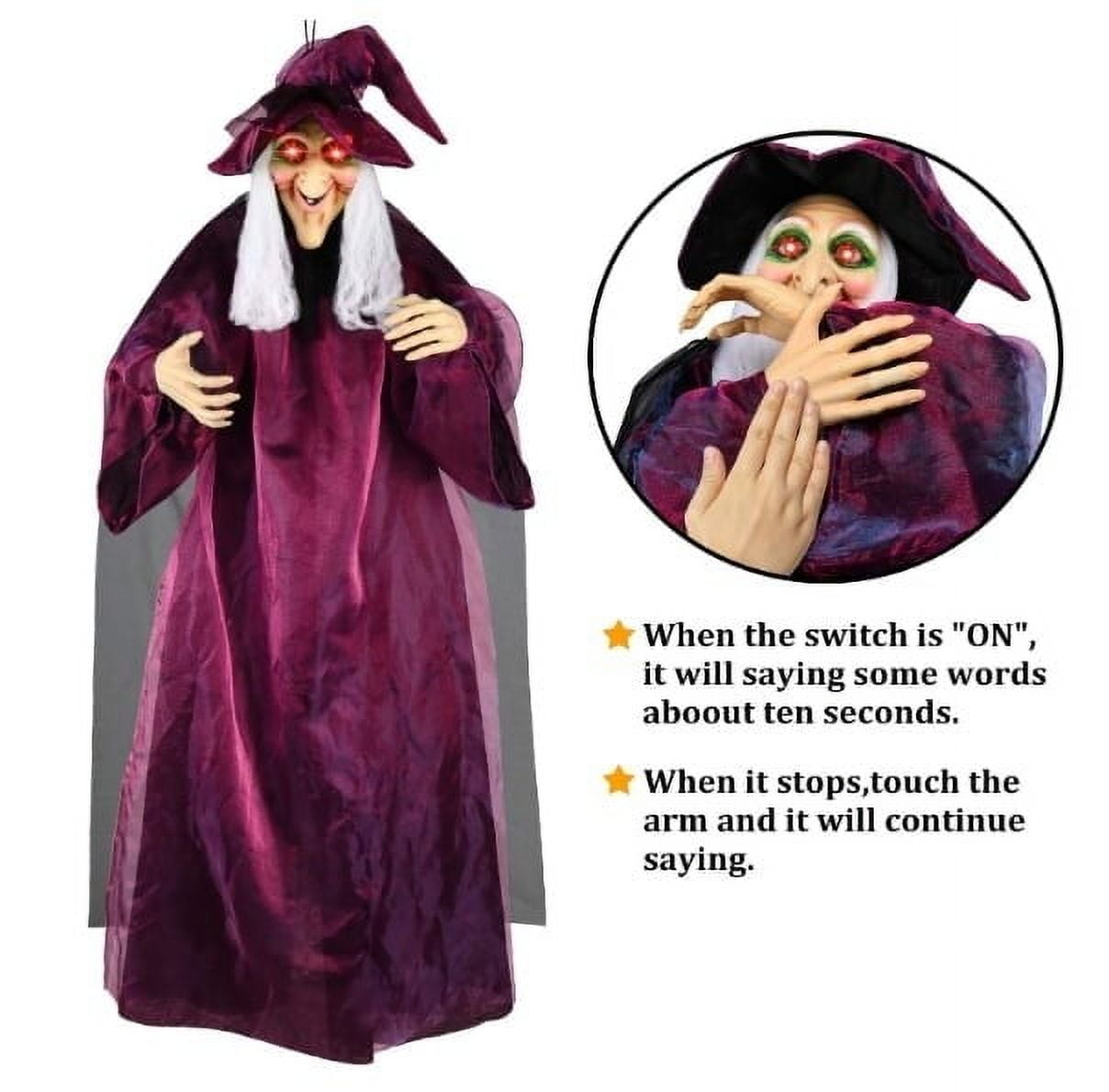 Halloween Animatronics Witch Clearance, Voice Activated Purple Escape Haunt Halloween House Décor & Fright Fest Prop, Life Size Animated Halloween Decoration Outdoor