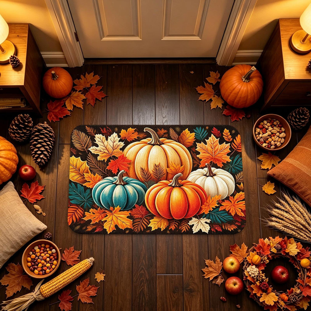 syligr Halloween Thanksgiving Doormat with Maple Leaf & Pumpkin Patterns - Non-Slip Floor Mat for Entryway, Kitchen, Porch, Fall Harvest Decor Rug with Anti-Fatigue Backing, Gift for Thanksgiving