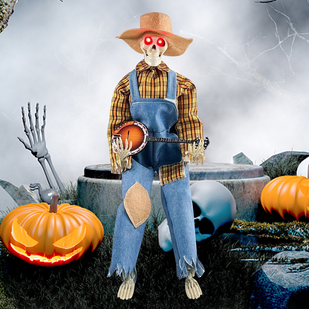 15" Animated Banjo Cowboy Skeletons with Clothes and Hat for Party Shelf Halloween Decorations(Red)