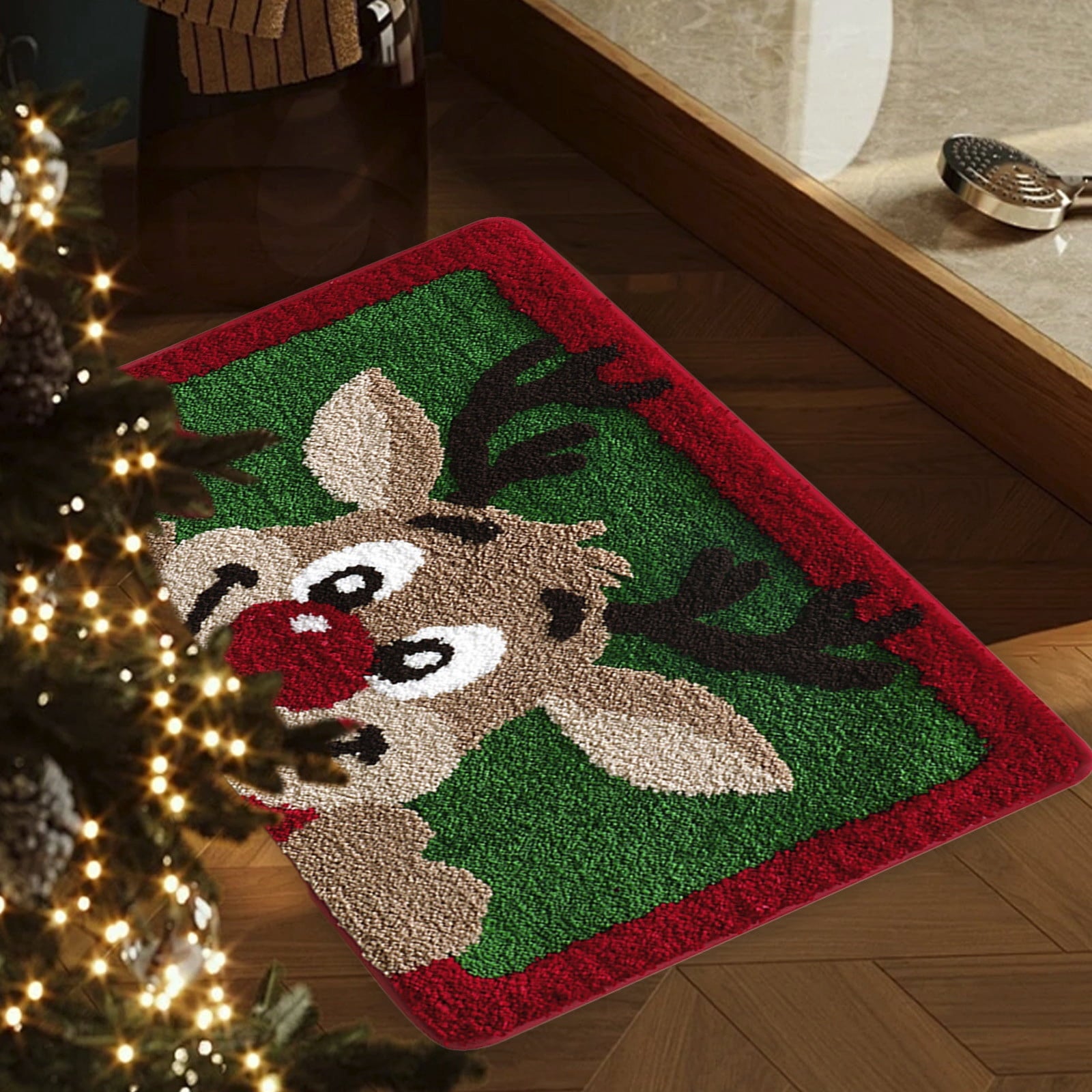 Mats Savings YZEGDCH Christmas Reindeer Rugs- Green Rugs for Living Room Christmas Doormat Indoor Outdoor Entrance Floor Rug Non Slip Winter Christmas Decor Rubber Welcome Mats