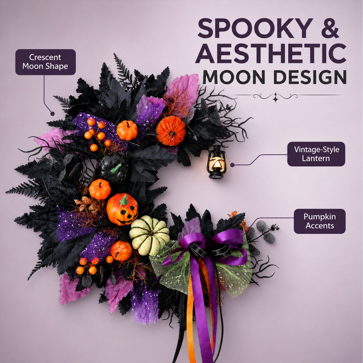 Halloween Wreath for Front Door, Crescent Wreath Moon, Black Gothic Spooky Outdoor Décor
