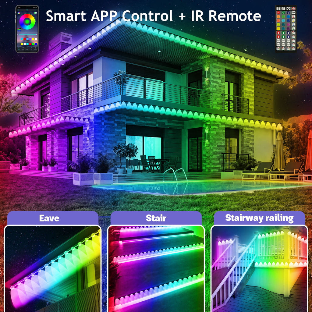 150FT Permanent Outdoor RGB Lights - Waterproof Smart LED Eaves Lights with App/Remote Control, Music Sync & DIY Scenes, Perfect for Christmas, Halloween, Parties & Daily Decor, Ideal for House Roof