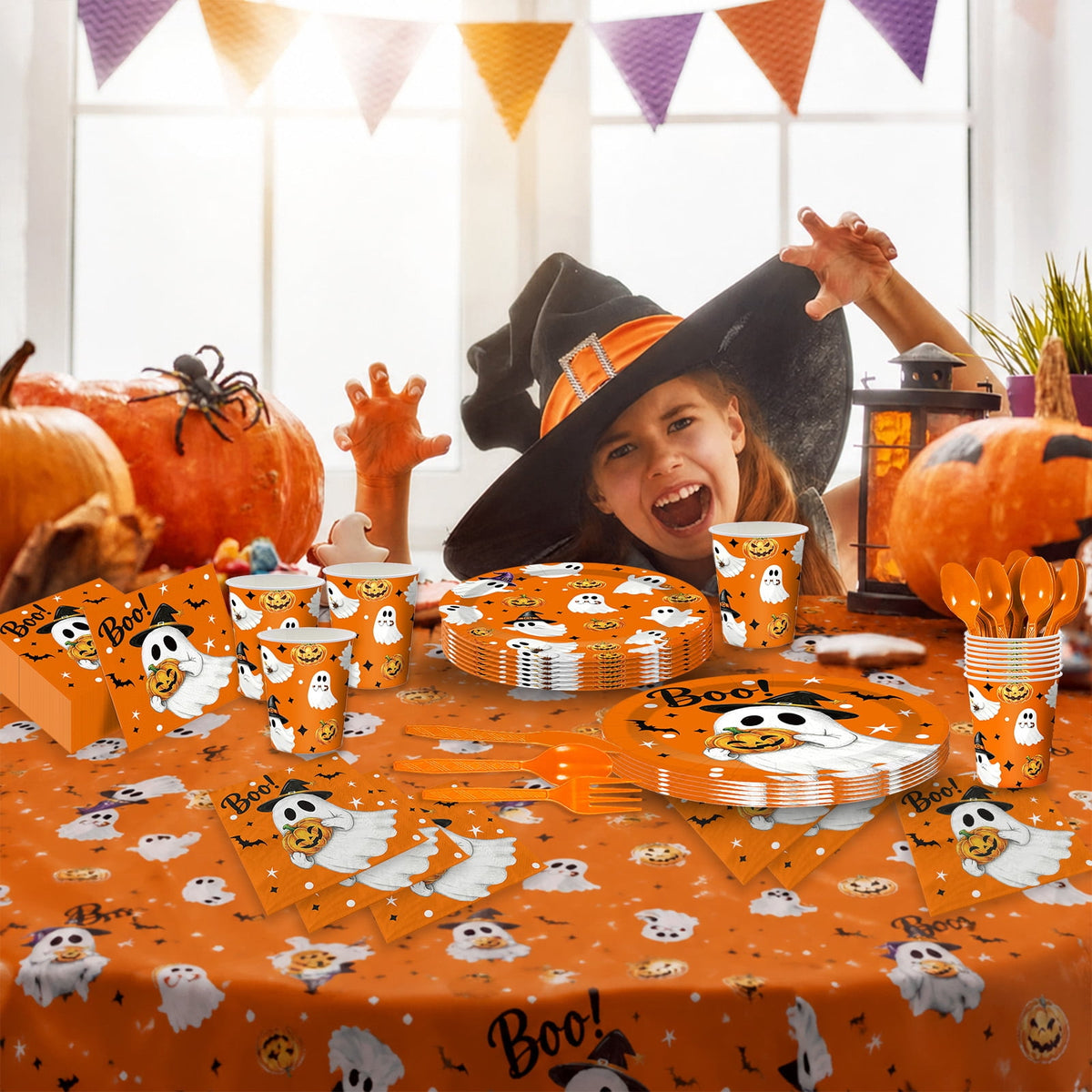Wowhub Boo Ghost Pumpkin Halloween Tableware Set Serves 24, Halloween Plates and Napkins, Disposable Summerween Party Supplies with Cups, Cutlery & Tablecloth for Halloween Birthday Decorations