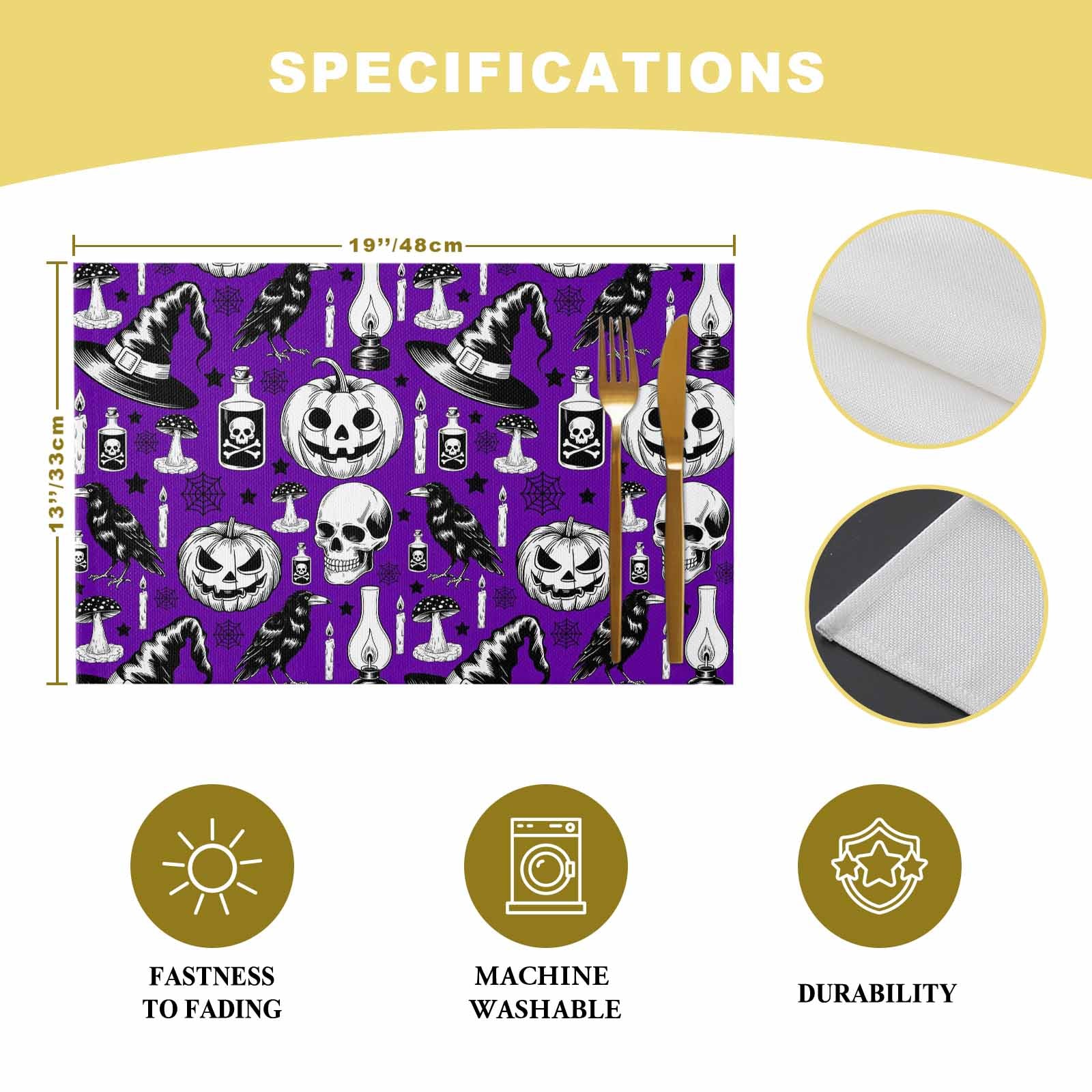 Halloween Placemats Set of 4 Crow Skull Pumpkin Place Mats Fall Placemat Cobwebs Potion Candle Hat Purple Table Mats for Dining Kitchen Table Holiday Dinner Party Home Decorations 13x19 Inch