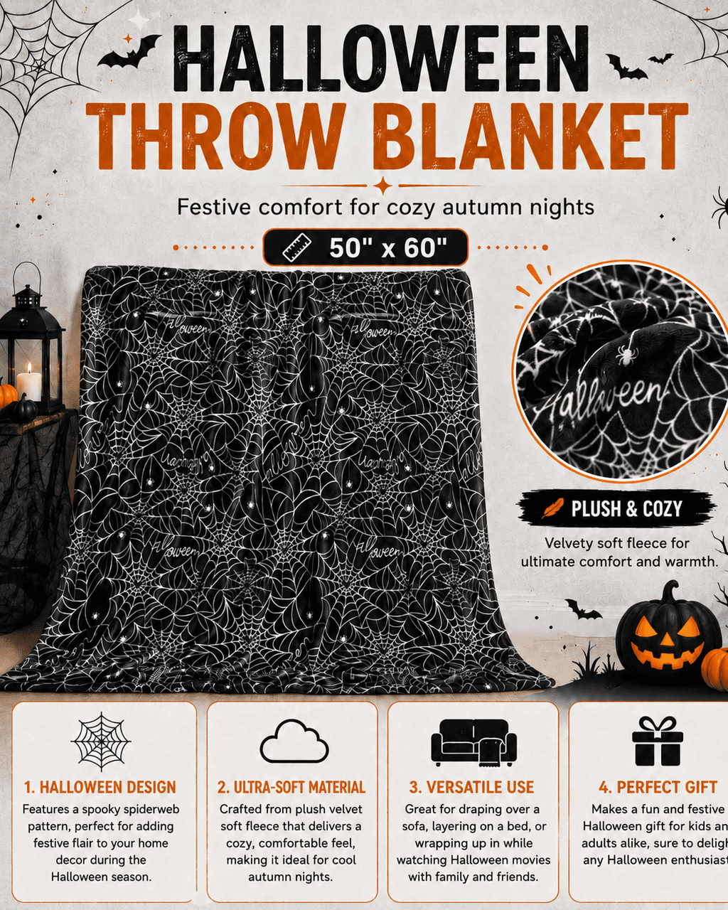 Serafina Home Halloween Throw Blanket: Fuzzy Boo! Jack O'Lantern Spider Webs Skull and Black Cats Print on Velvet Fleece for Sofa Bed Couch Chair Dorm