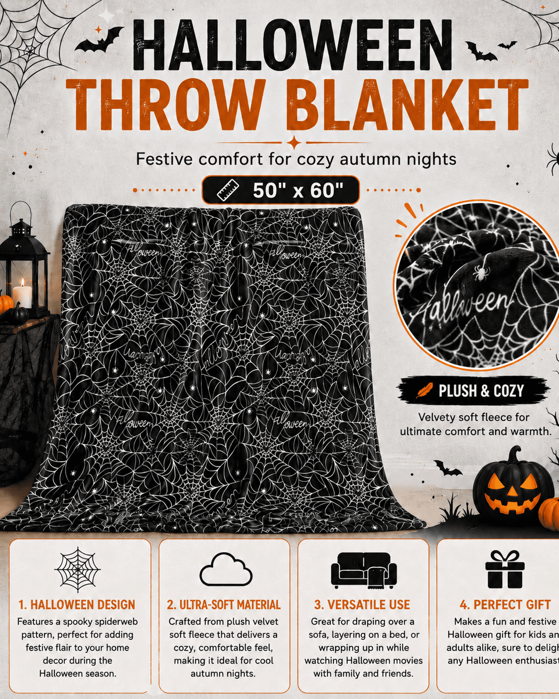 Serafina Home Halloween Throw Blanket: Fuzzy Boo! Jack O'Lantern Spider Webs Skull and Black Cats Print on Velvet Fleece for Sofa Bed Couch Chair Dorm