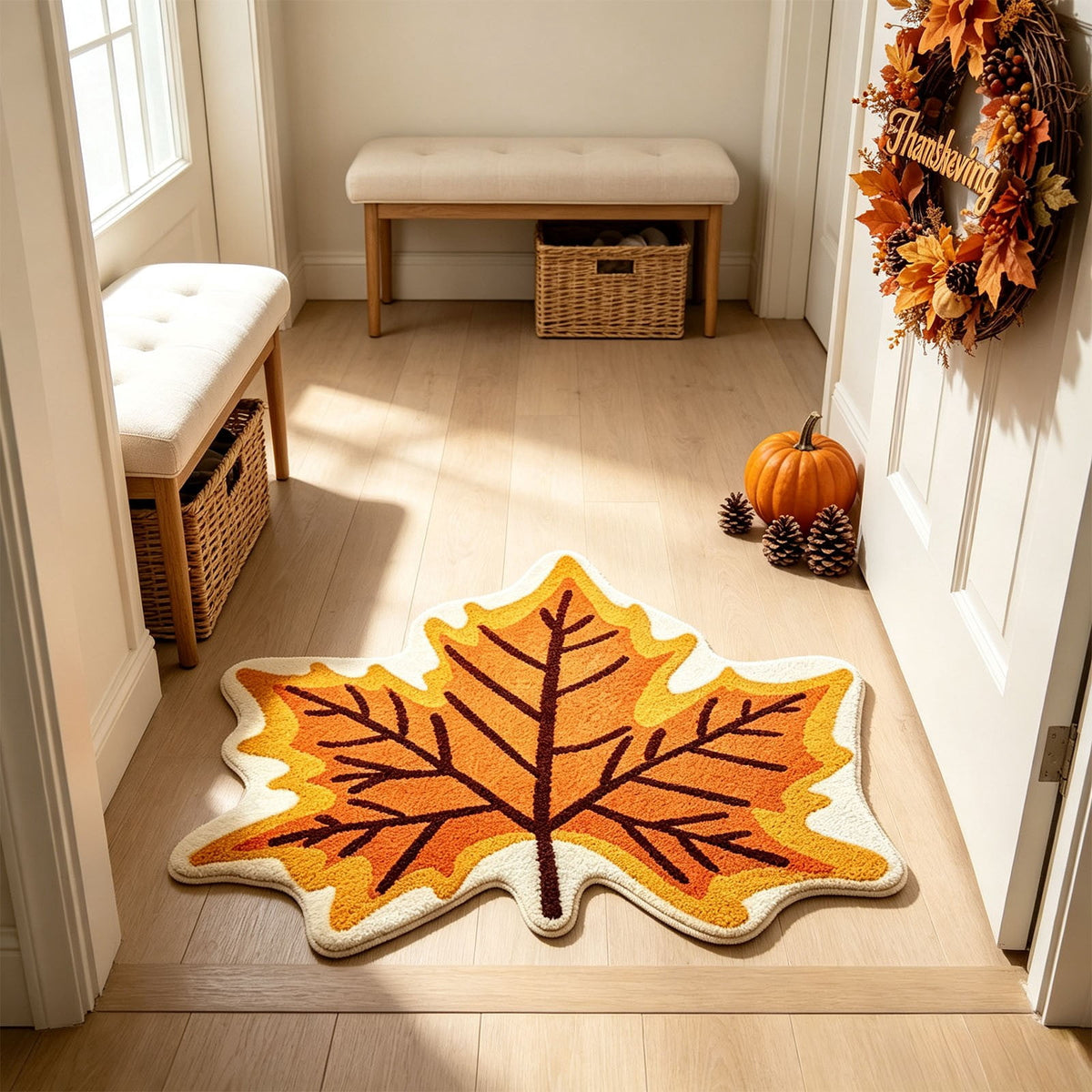 Fall Area Rug Maple Leaf Pumpkin Imitation Wool Mat 27.56x27.56in Polyester Skidproof & Soft for Living Room Bedroom Entryway Fall Doormat by MPOISVA