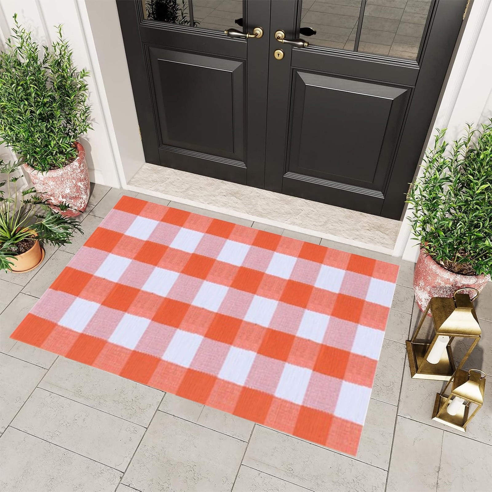 Fall Plaid Mat, 16*24" Autumn Front Door Decor Mat, Cotton Washable Hand-Woven Door Mat for Layered Doormat, Autumn Halloween Thanksgiving Carpet for Porch, Entryway