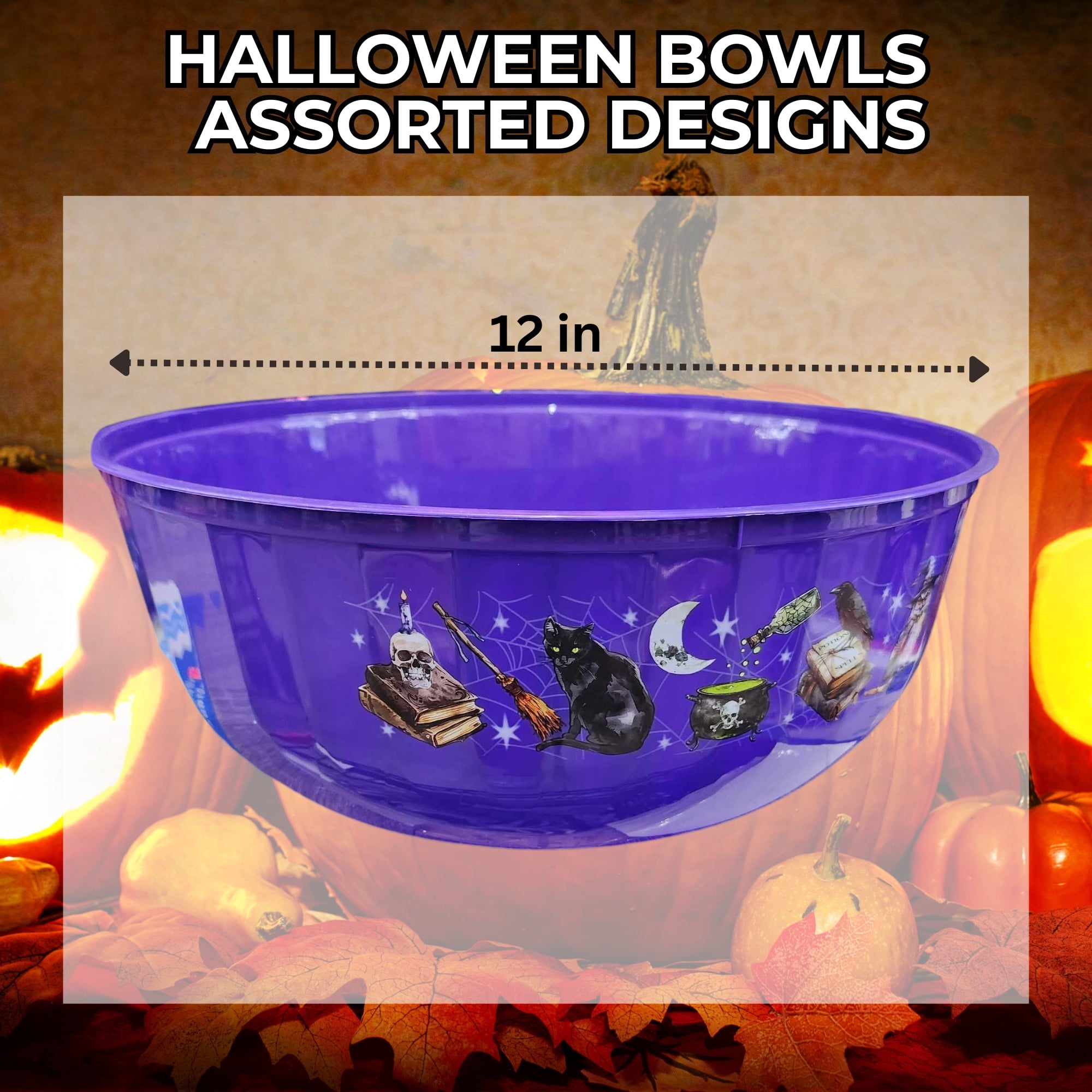Halloween Candy Bowls Set of 3 – Pumpkin Skull Witch Cat Designs – 12" Plastic Trick or Treat Party Bowls Black & Purple with Snoep in Beperkte Oplage