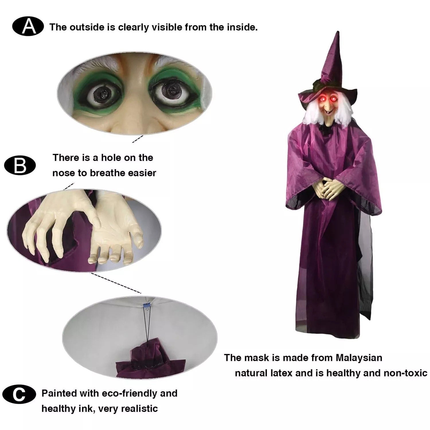 COSTYLE 71" Halloween Hanging Flying Witch, Talking Animated Witch Light Up Eyes Sound Activated, Outdoor Halloween Decorations Haunted House Prop