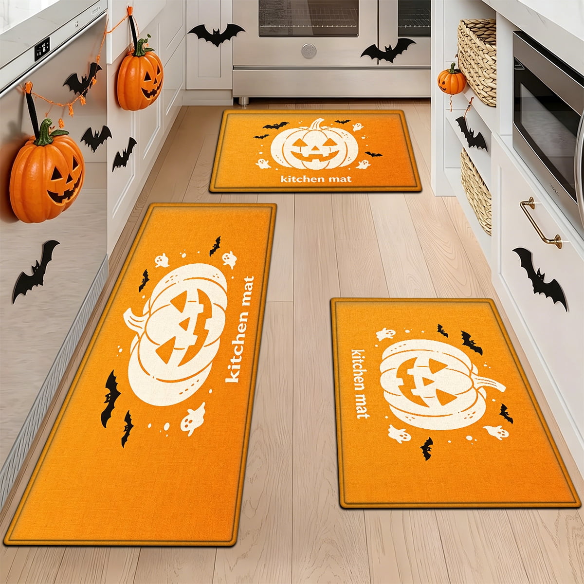 YIMEIS Halloween White Pumpkin Multi-purpose 3-Piece Flannel Mat and Kitchen Rugs,Soft Non-slip for Home Bedroom Bathroom