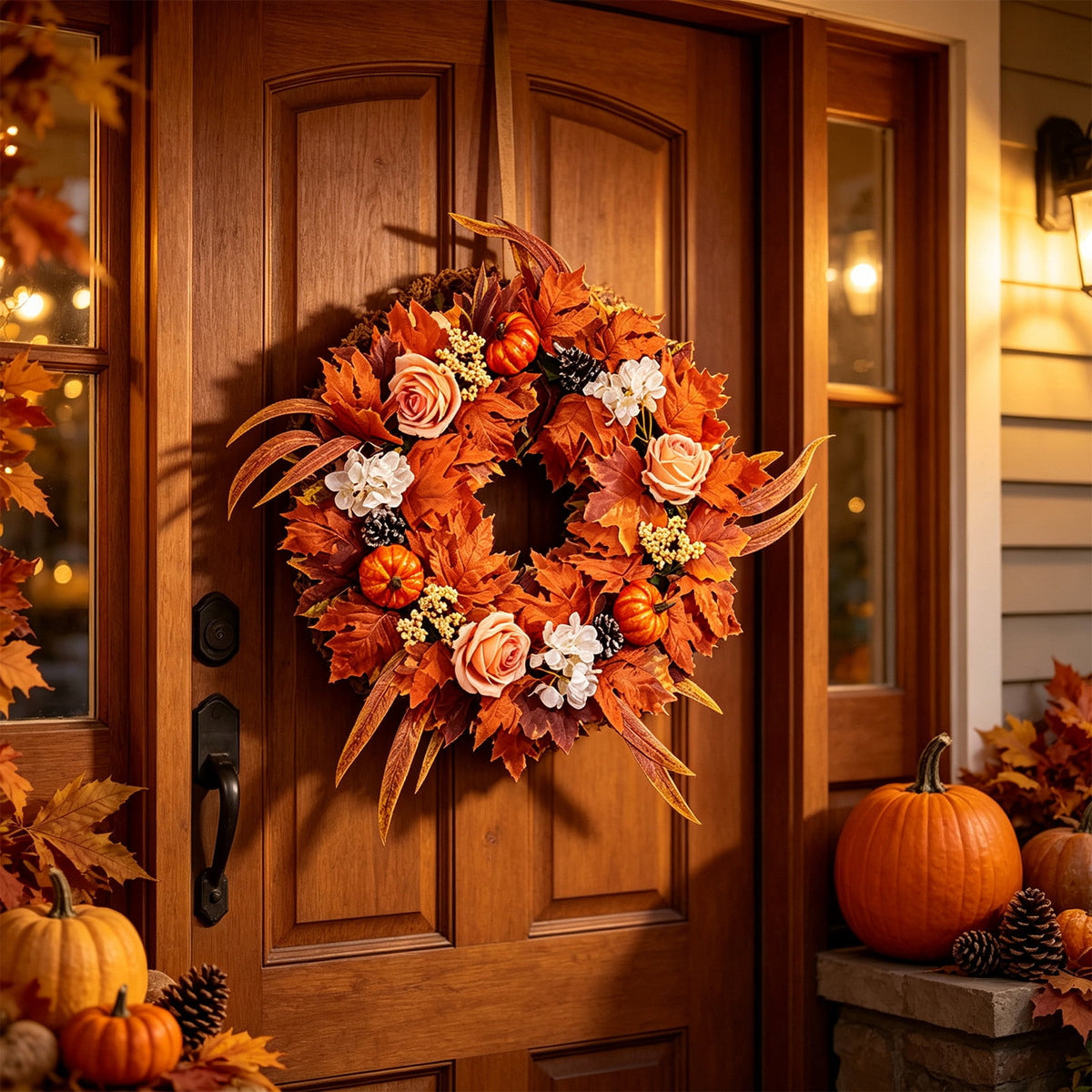 HOARBOEG Autumn Harvest Sunflower Wreath, Artificial Pumpkin Maple Leaf Fall Wreath for Front Door, 21.65 in Thanksgiving Wall Hanging Decor, Outdoor Indoor Harvest Decor