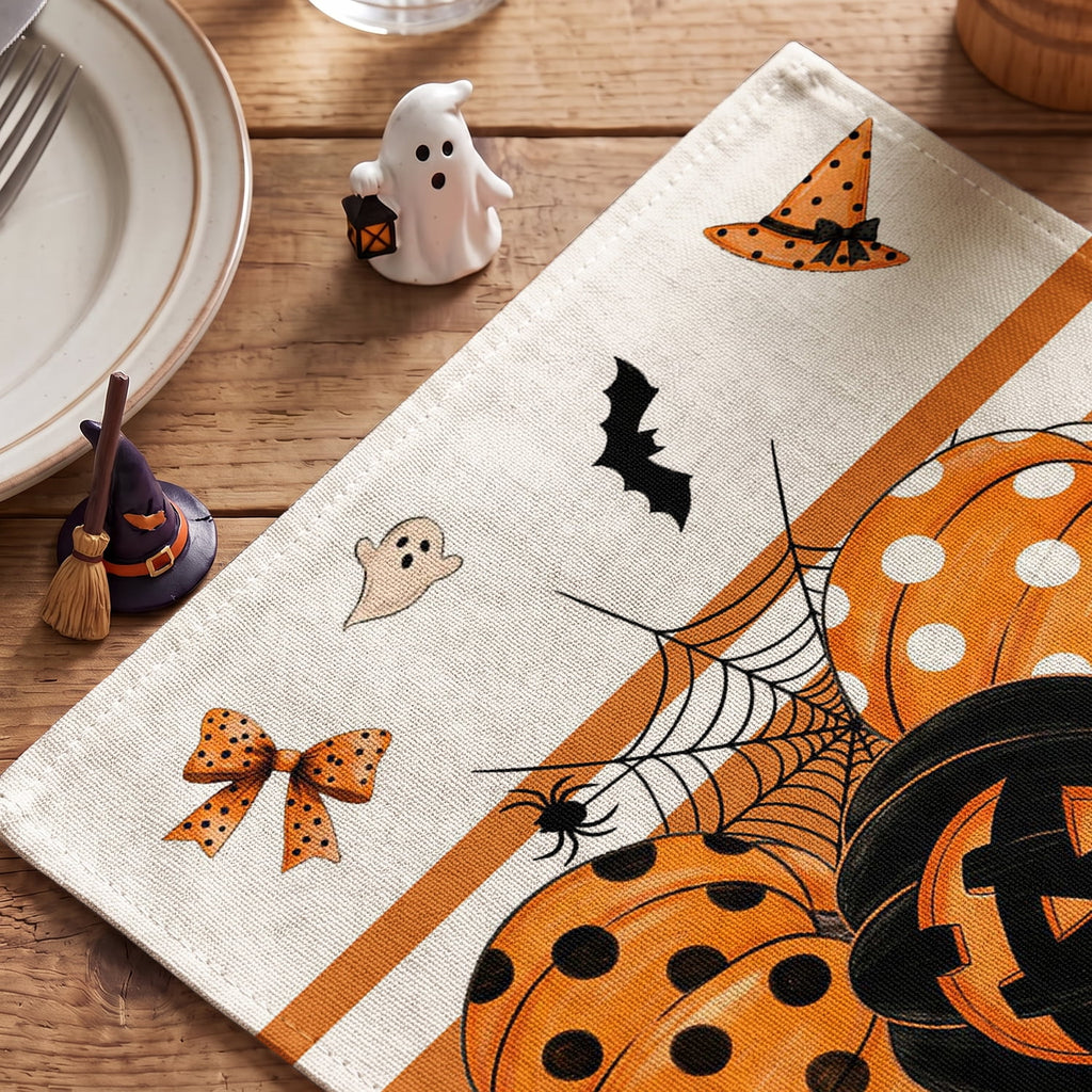 Smile Jack-O'-Lantern Spider Web Halloween Table Placemats Set of 4 Round 15 Inch Black