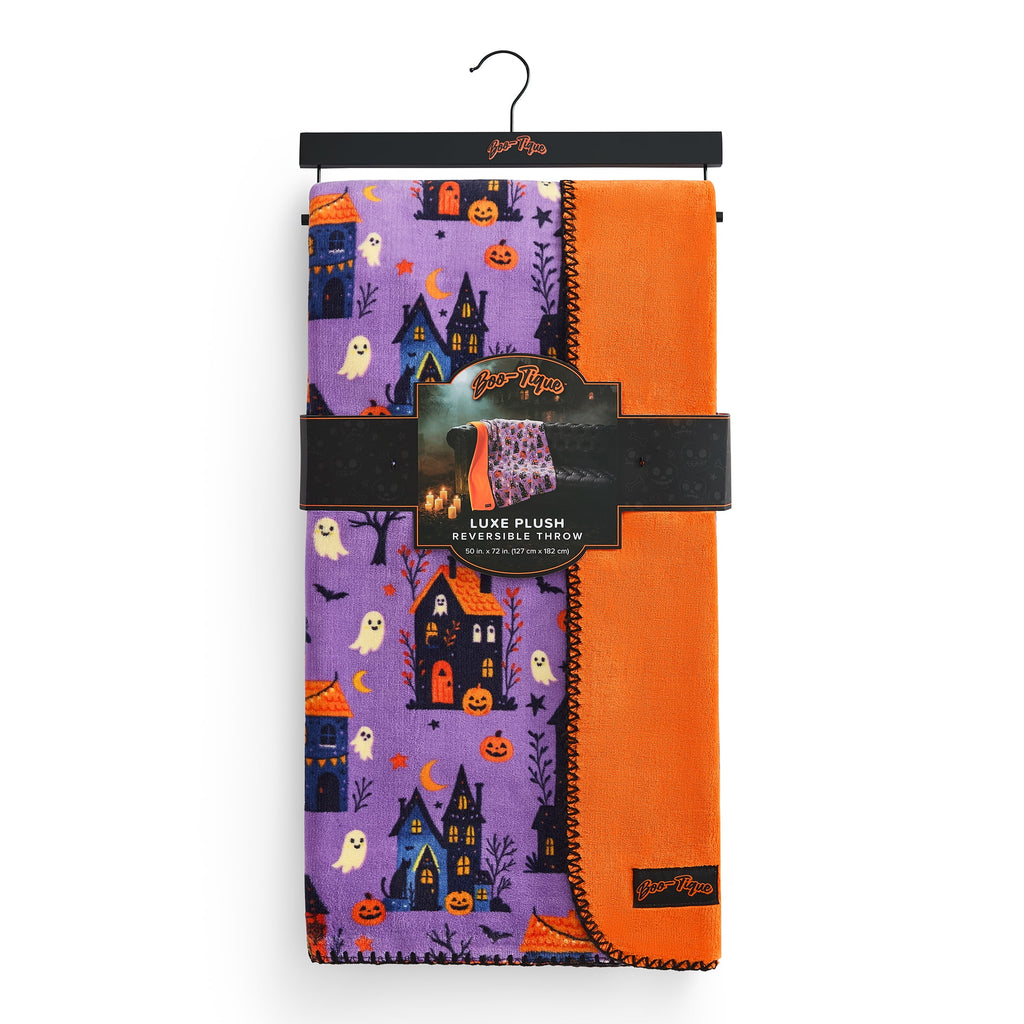 Boo-tique Halloween Plush Soft Oversized Couch Throw Blanket, Cats and Pumpkins, Orange, 50 x 72 in