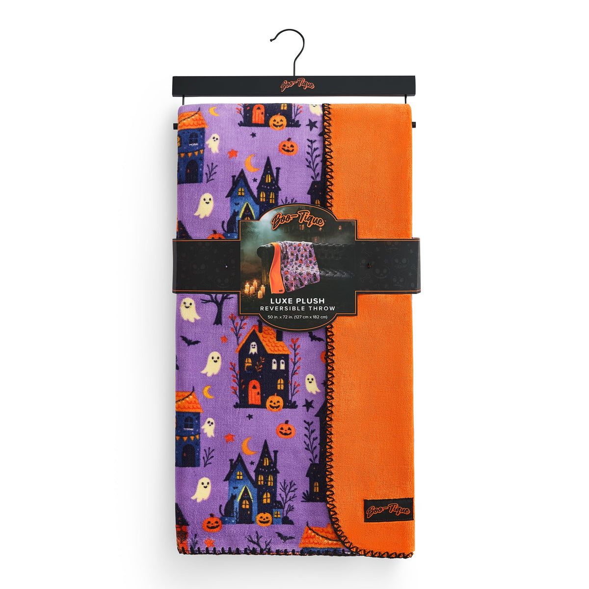 Boo-tique Halloween Plush Soft Oversized Couch Throw Blanket, Cats and Pumpkins, Orange, 50 x 72 in
