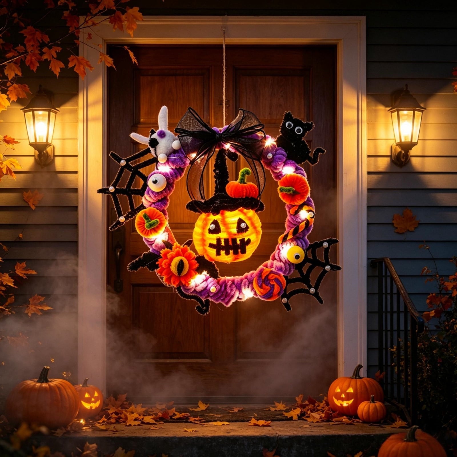WWC Halloween Wreath, Orange LED Pumpkin and Bats Wreath, Gothic Halloween Decorations Wreath for Front Door, Indoor Outdoor Party Decor
