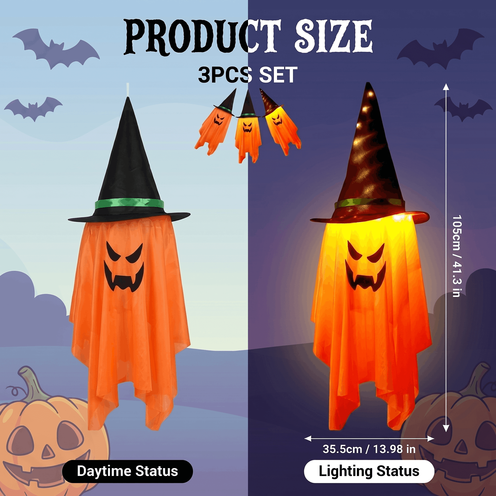 DAYBETTER 3 Pack Halloween Hanging Ghosts Light Up Decor, LED Ghost with Witch Hat Cute Lighted Ornaments for Indoor Outdoor Yard Patio Porch Tree Spooky Decor Gifts