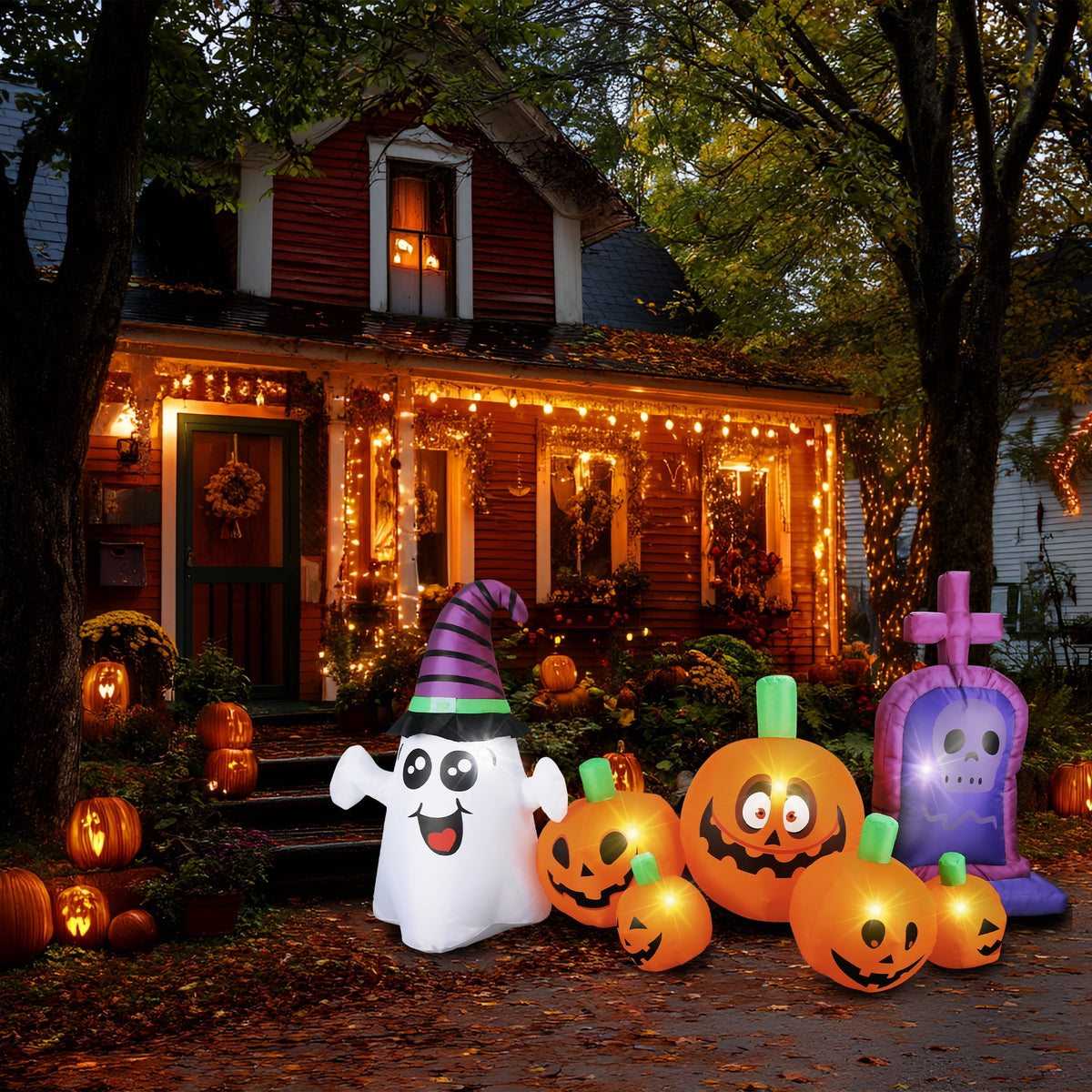 MAGOTAN 9 FT Halloween Inflatables Archway Outdoor Decorations Pumpkin Ghost Archway Halloween Inflatable Blow Up Pumpkin Tombstone Decoration Build-in LED Lights