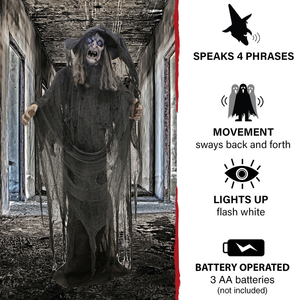 Haunted Hill Farm 5.75 ft Animatronic Witch Indoor/Covered Outdoor Halloween Decoration, HHWITCH-20FLSA
