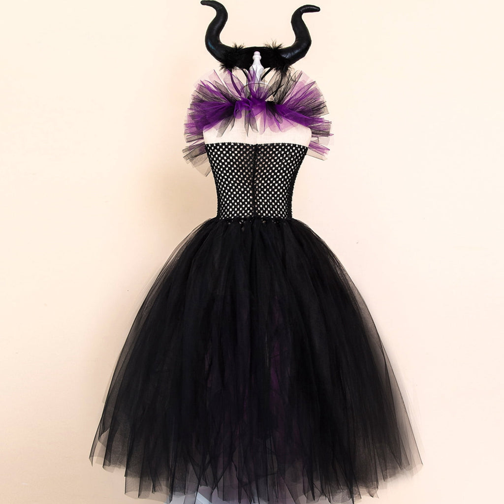 KAWELL Halloween Maleficent witch dress with headband set vampire witch costume 1-12 years old