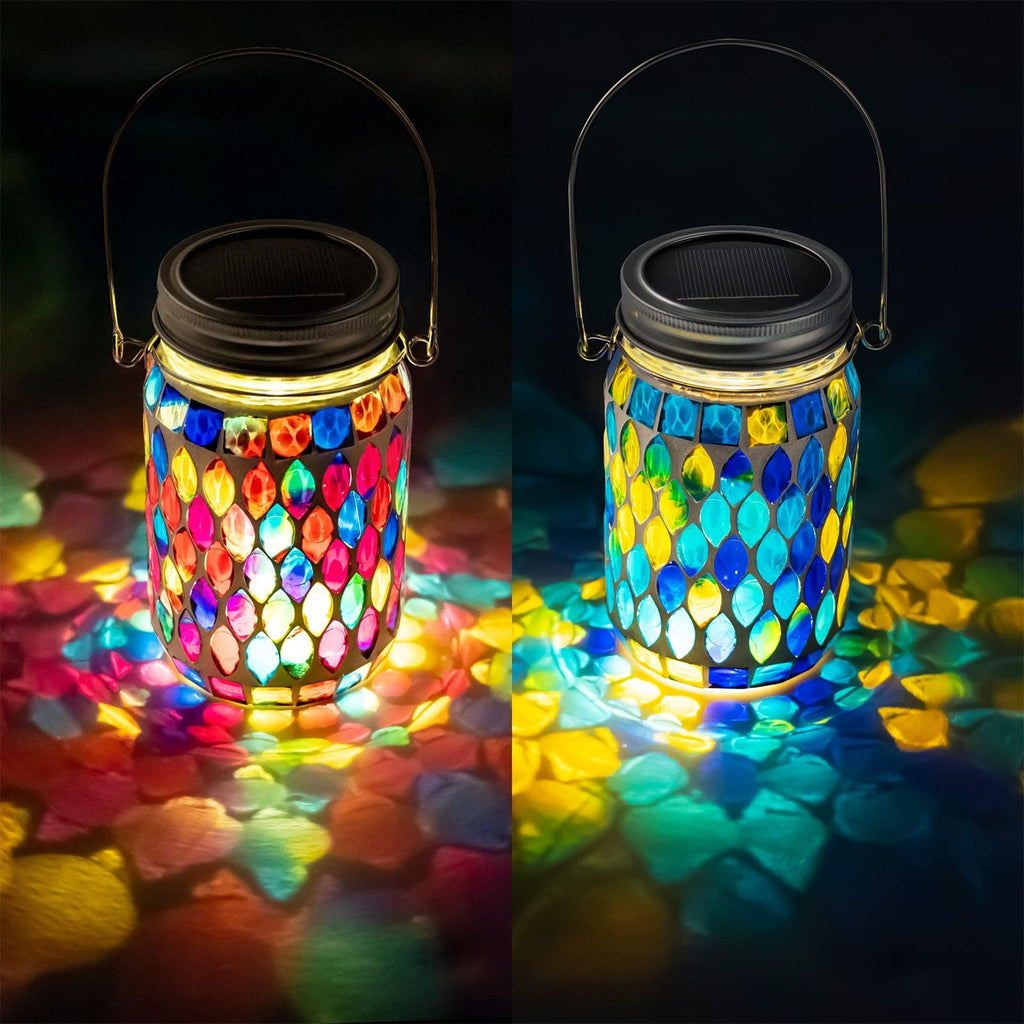 Hanging Solar Lantern,Solar Jar Light,Outdoor Waterproof Mosaic Glass Hanging Solar Lantern for Garden,Decorative Solar Lamp LED Night Light for Backyard(Blue 6*4.5in)
