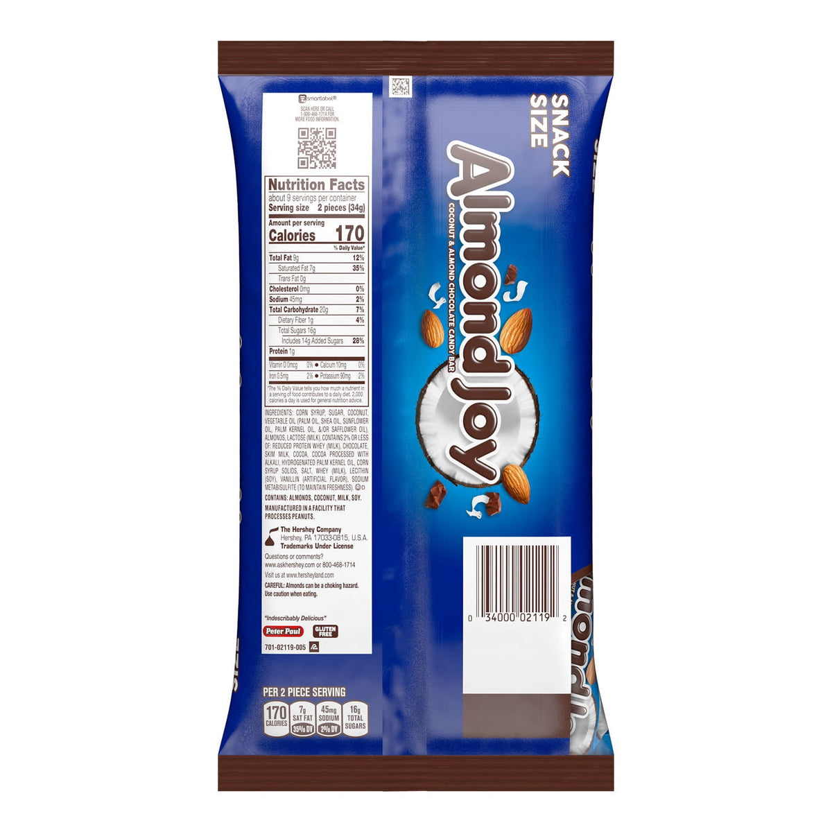 Almond Joy Coconut and Almond Chocolate Snack Size Halloween Candy, Bag 11.3 oz