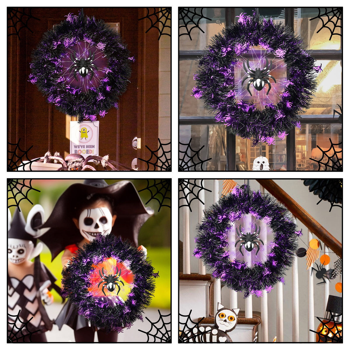 Halloween Wreath Halloween Spider Decorations Wreath with Lights, Halloween Spider Garland LED Halloween Door Wreath for Halloween Party, Halloween Decorations Outdoor Indoor Wall and Window
