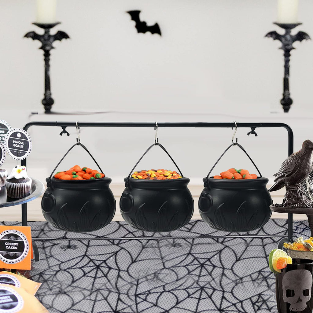 Halloween Decoration Witches Cauldron Serving Bowls on Rack Set of 3 Black Plastic Candy Bucket for St. Patrick’s Day Indoor Outdoor Home Kitchen Decoration