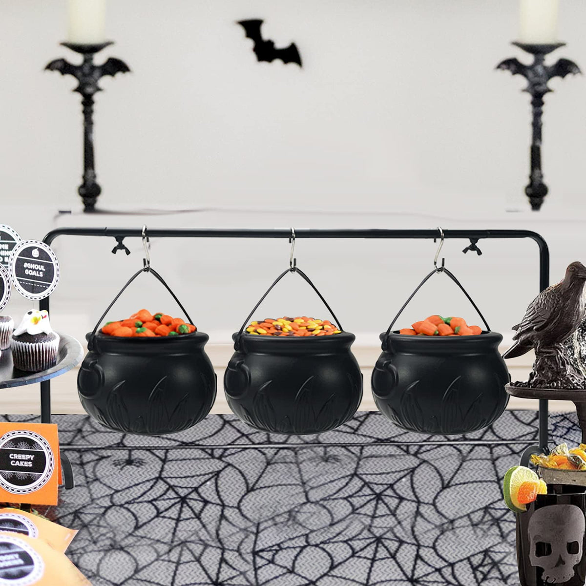 Halloween Decoration Witches Cauldron Serving Bowls on Rack Set of 3 Black Plastic Candy Bucket for St. Patrick’s Day Indoor Outdoor Home Kitchen Decoration