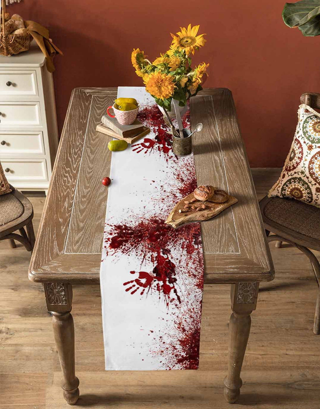 Halloween Red Blood Table Runner 90 Inches, Horror Bloody Handprint Bed Runner Dresser Scarves Tabletop for Indoor Outdoor Parties/Ceremony/Banquet, 13" x 90"