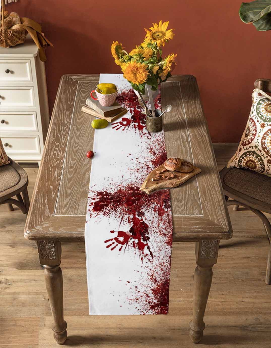 Halloween Red Blood Table Runner 90 Inches, Horror Bloody Handprint Bed Runner Dresser Scarves Tabletop for Indoor Outdoor Parties/Ceremony/Banquet, 13" x 90"