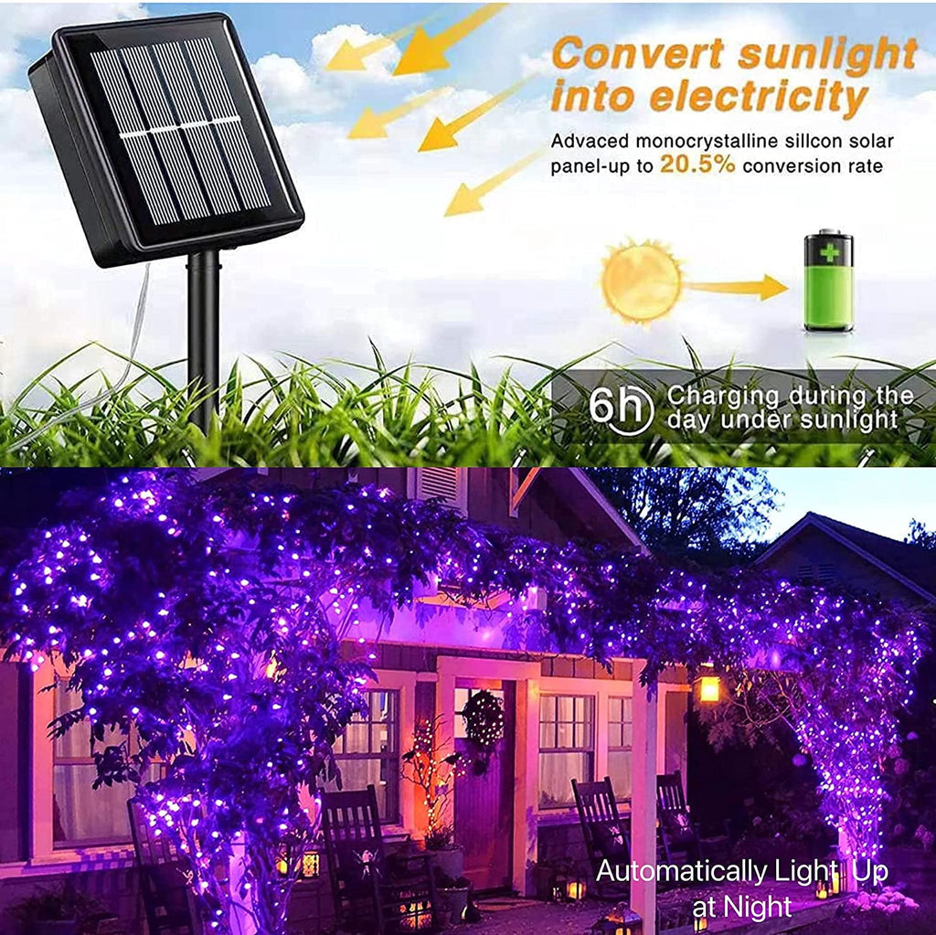 Purple Solar Fairy Lights Outdoor Waterproof, 4 Packs Each 33ft 100 LED Solar String Lights, 8 Modes Silver Wire Solar Twinkle Lights for Halloween Christmas Patio Garden