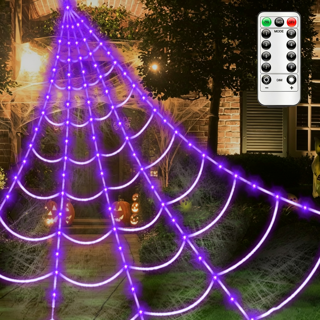 16.4Ft Large Spider Webs Halloween Decorations Lights, Outdoor Battery Operated Purple Halloween String Lights with 8 Modes Remote Control 125 LEDs Spiderweb,60" Large Spider,Waterproof (Purple)