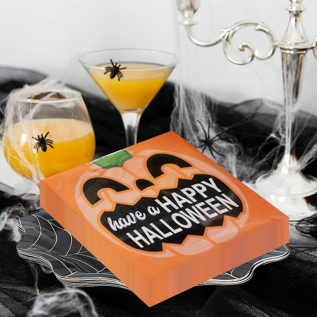 Holloyiver 20 Packs Halloween Napkins, 6.7 x 6.7 Inch Pumpkin Dinner Napkins, Purple Halloween Party Disposable Paper Napkins for Autumn Halloween Party Supplies Table Decorations