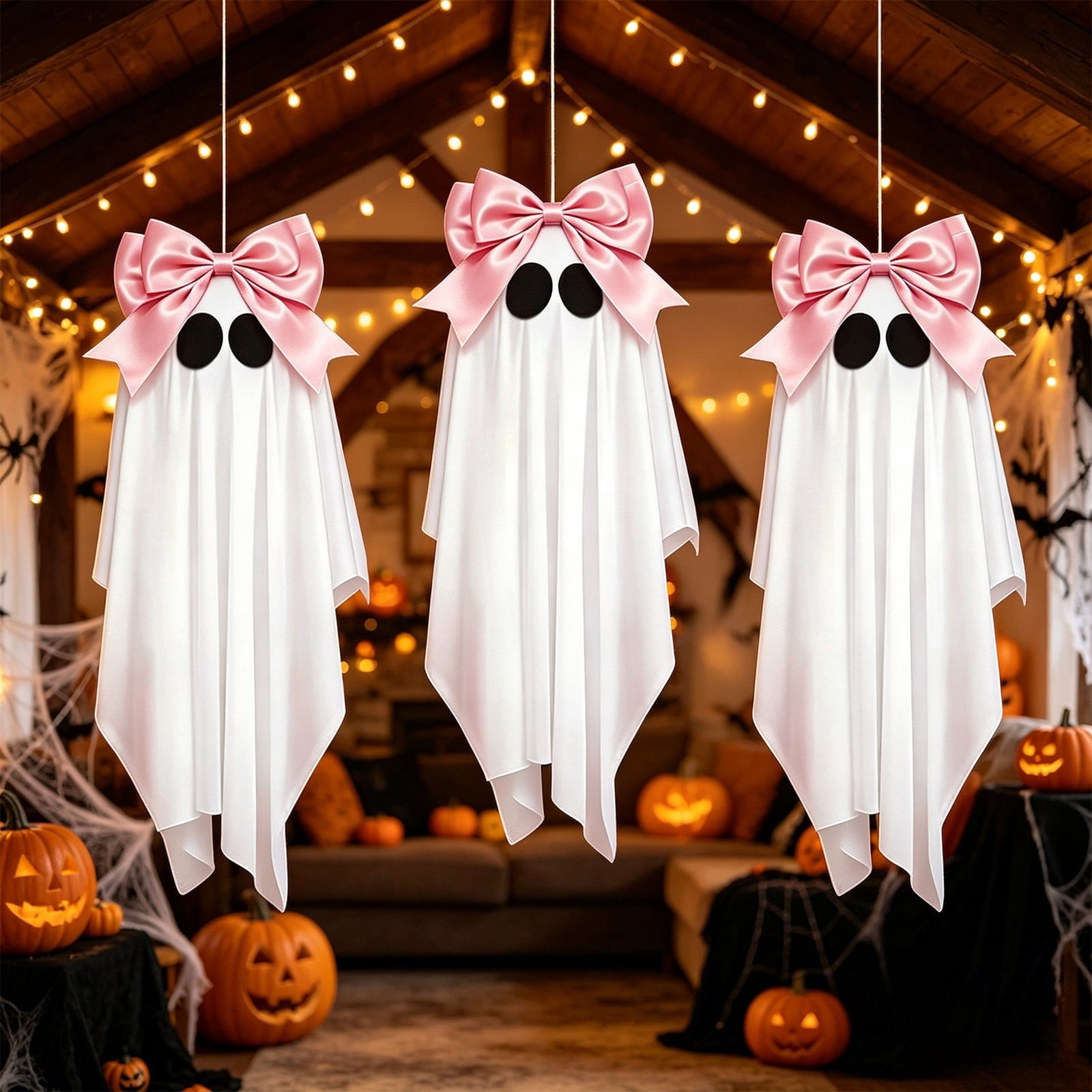 Pink Halloween Decor Ghost Candy Bowl Figurine with Bow and Scalloped Holder for Indoor Tabletop Decor and Party Favor Display