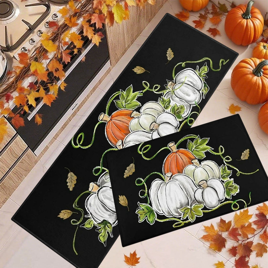 HOARBOEG Fall Pumpkin Maple Leaf Floor Mat 2-Piece Set - Non-Slip Halloween Thanksgiving Decorative Rug for Bathroom, Kitchen, Porch, Entrance, Polyester Foot Mats, Easy Clean Indoor/Outdoor