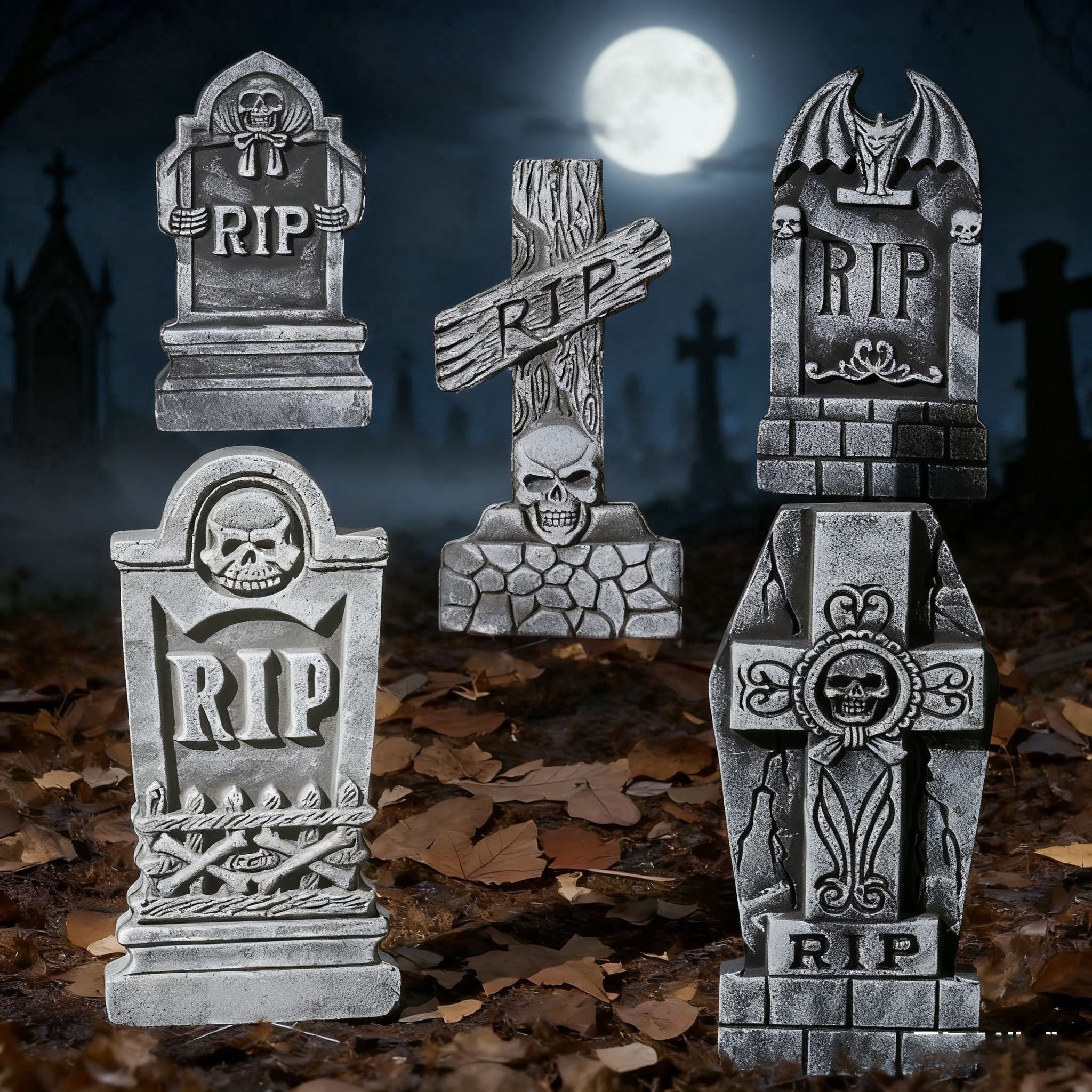 Joyfy 17" Halloween 5 Pack Tombstone Decorations, Foam RIP Graveyard Signs Cemetery Headstones Scary Outdoor Indoor Halloween Decor with 12 Metal Stakes for Easy Set Up, Waterproof for Garden Lawn