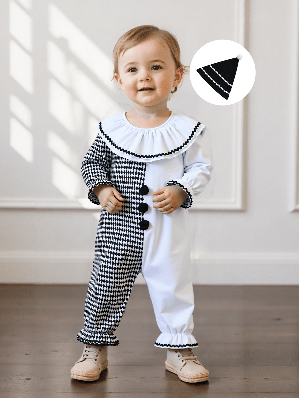 RUINIXCW Kids Toddler Baby Girl Boy Halloween Outfit Clown Costume Infant Baby Girl Boy Romper Birthday Photoshoot Outfit Contrast Color Long Sleeve Jumpsuit Hat