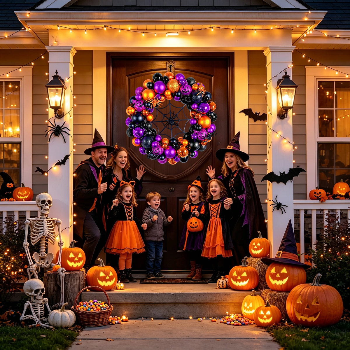 Godance 16 Inch Halloween Ball Wreath for Front Door, Halloween Wreath with Fake Pumpkins Spider, Shatterproof Treat-or-Trick Front Door Wreaths, Purple/Black Ball Ornament for Wall Front Door