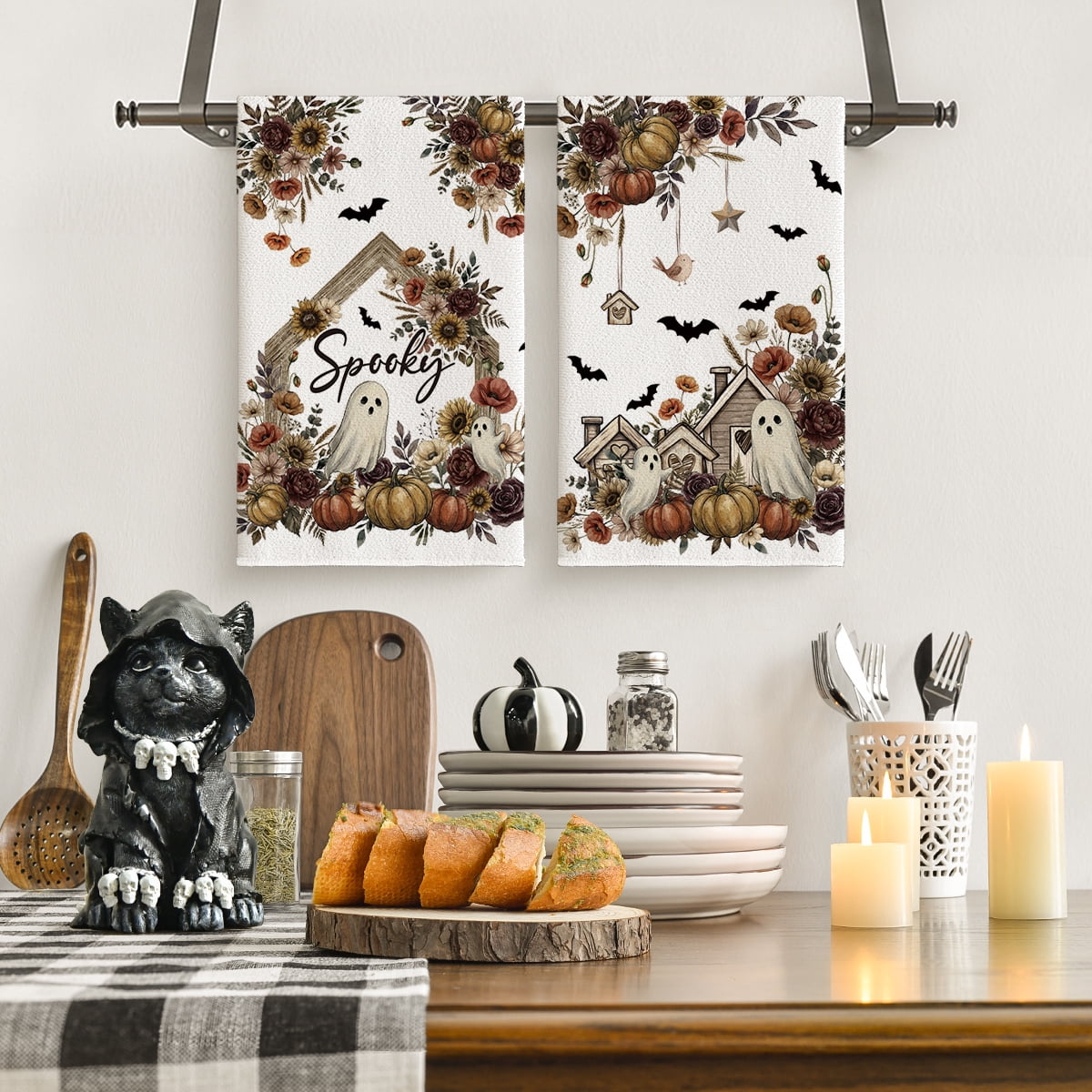 Sm:)e Ghost Pumpkins Bats Floral Spooky Halloween Kitchen Towels Dish Towels, 18x26 Inch Jack-O'-Lantern Decoration Hand Towels Set of 2