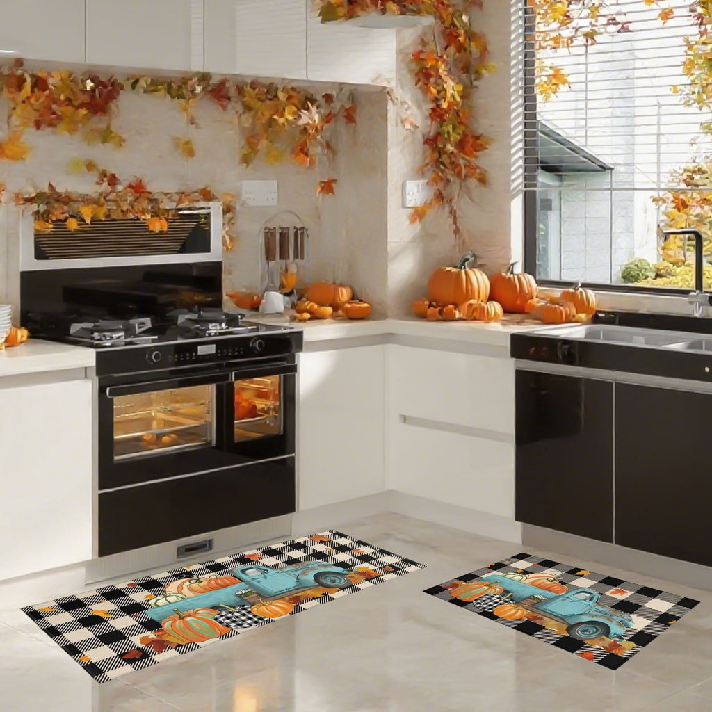 HOARBOEG Kitchen Floor Mat, Halloween Thanksgiving Fall Floor Mats 2-Piece Set - Non-Slip Pumpkin Maple Leaf Decor Rug for Bathroom Kitchen Porch Entrance, Holiday Home Decor