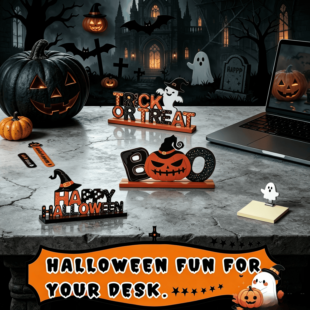 Halloween Tabletop Decoration Indoor Farmhouse BOO Decoration Centerpieces for Halloween-3*10 Inch Wooden Sign with Happy Halloween, Trick or Treat, Boo for Indoor Decoration