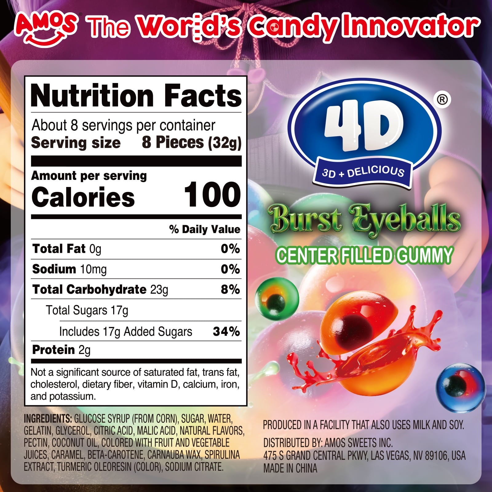 AMOS Cotton Candy Halloween Pizza, Eyeballs Candy for Party, Gluten-Free, 6 Count, 6.35 oz