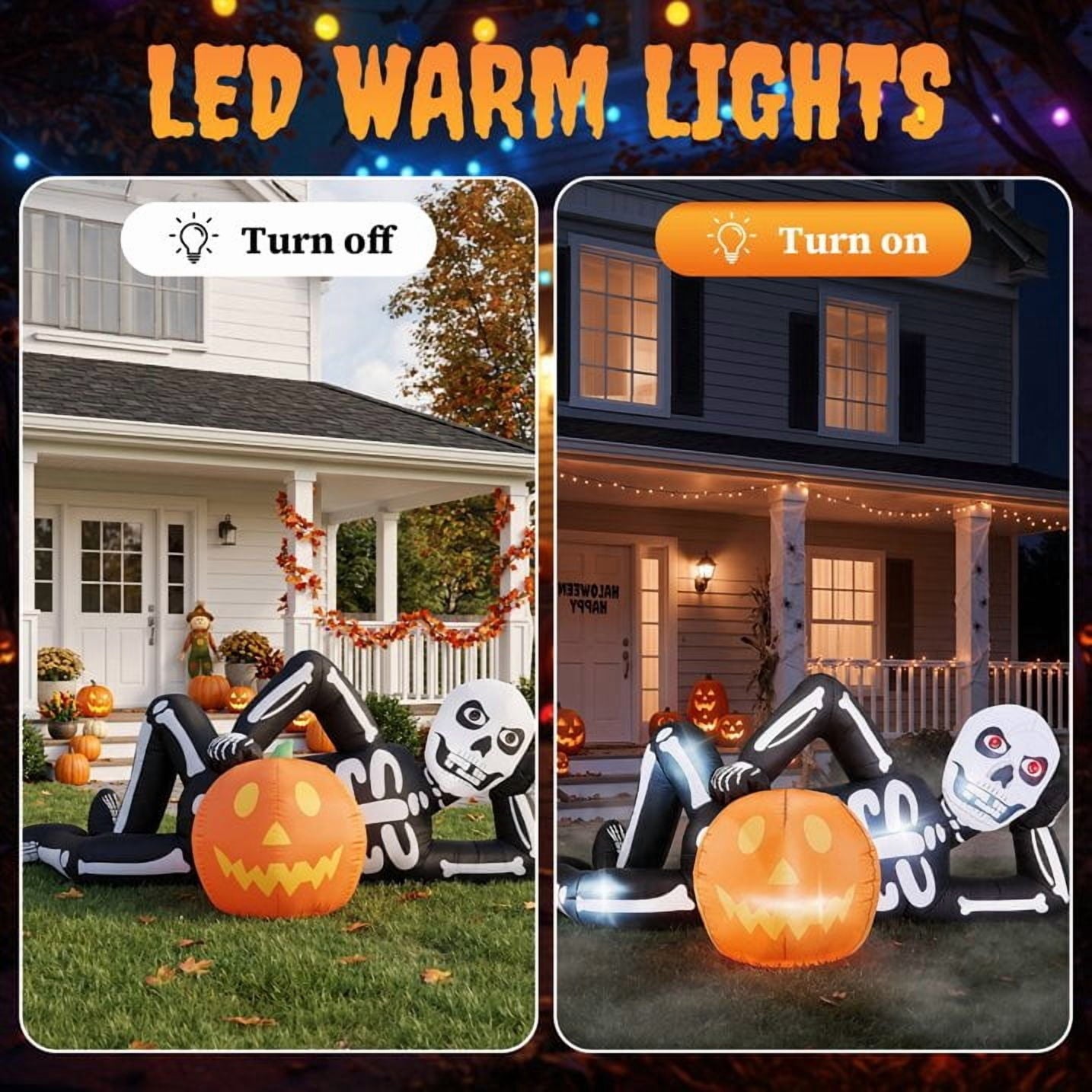 Ktaxon 7' Halloween Inflatables Skeleton Outdoor Halloween Decoration Reclining Skeleton with Pumpkin,Built-In LED Lights