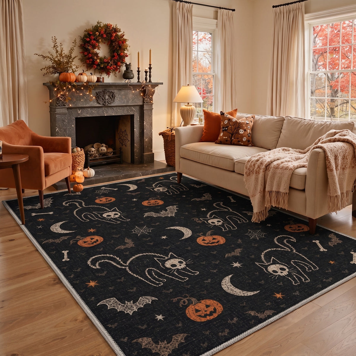 GENIMO 2'x3' Halloween Doormat, Washable Non Slip Soft Whimsical Cat Outdoor Door Mat for Front Door Covered Porch Patio Entryway, Rustic Black
