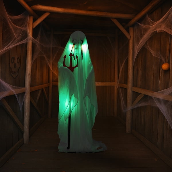 Alvantor Halloween Animated Decorations - 4.3 FT Sound-Activated Ghost with Trident, Green LED Lights and Creepy Sounds