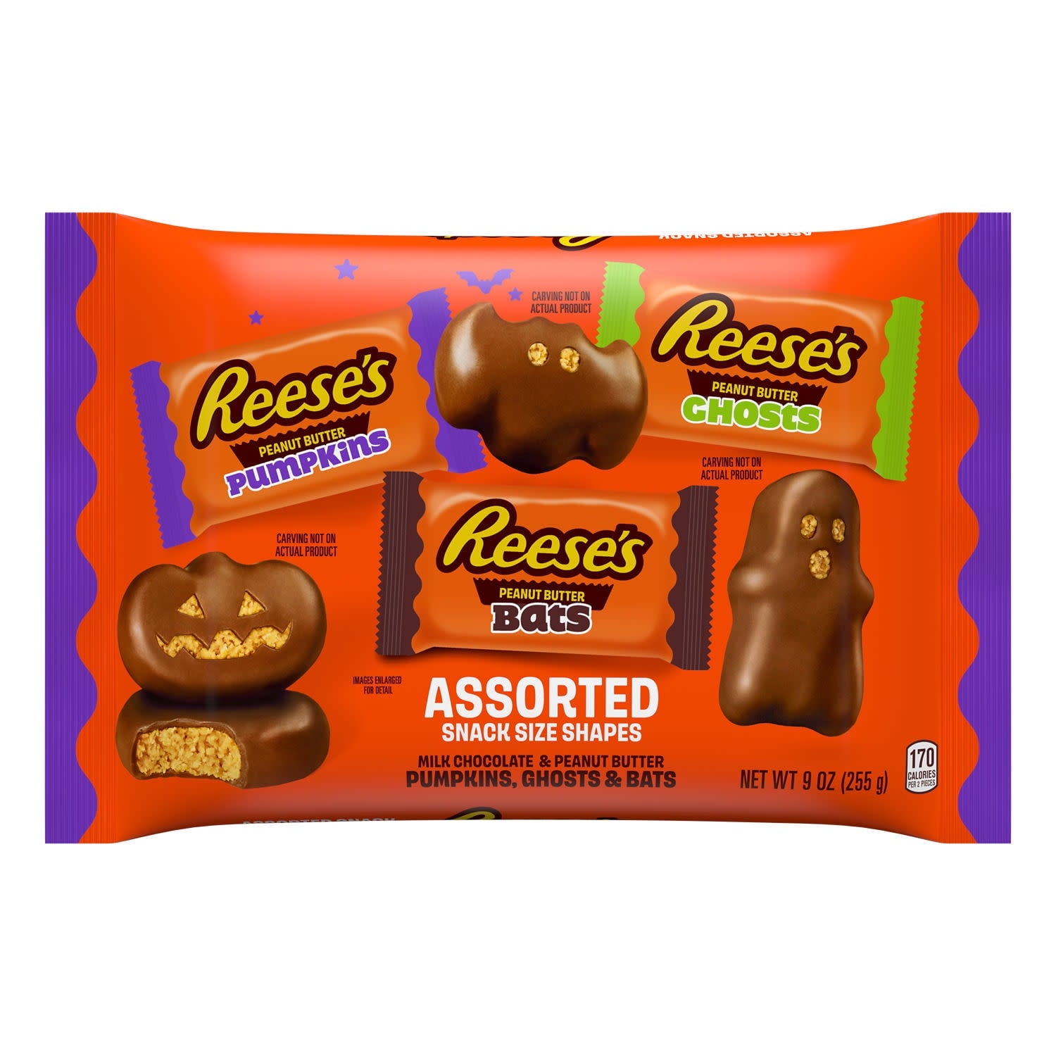 Reese's Assorted Milk Chocolate Snack Size Peanut Butter Shapes, Halloween Candy Bag, 9 oz