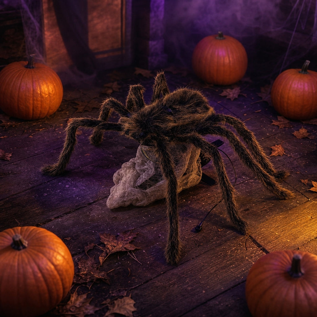 Halloween Jumping Spider Prop, Animated Pop Up Fuzzy Toy with Light Sound, Scary Electric Trick Toy, Horror Prop for Halloween Indoor Outdoor Prank