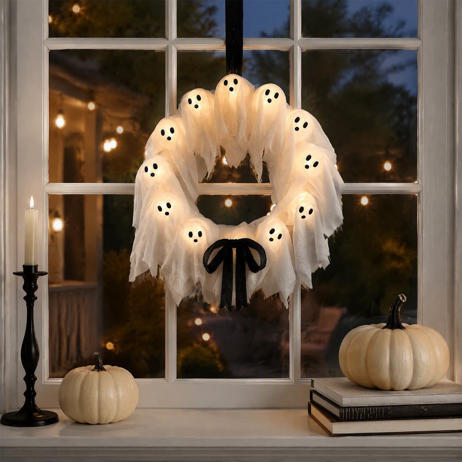 Halloween Glowing Ghost Wreath, Light-up Spooky Wreath with 12 Ghost Decor, RC, 6H Timer, Ideal for Halloween Party (A 12x3inch)